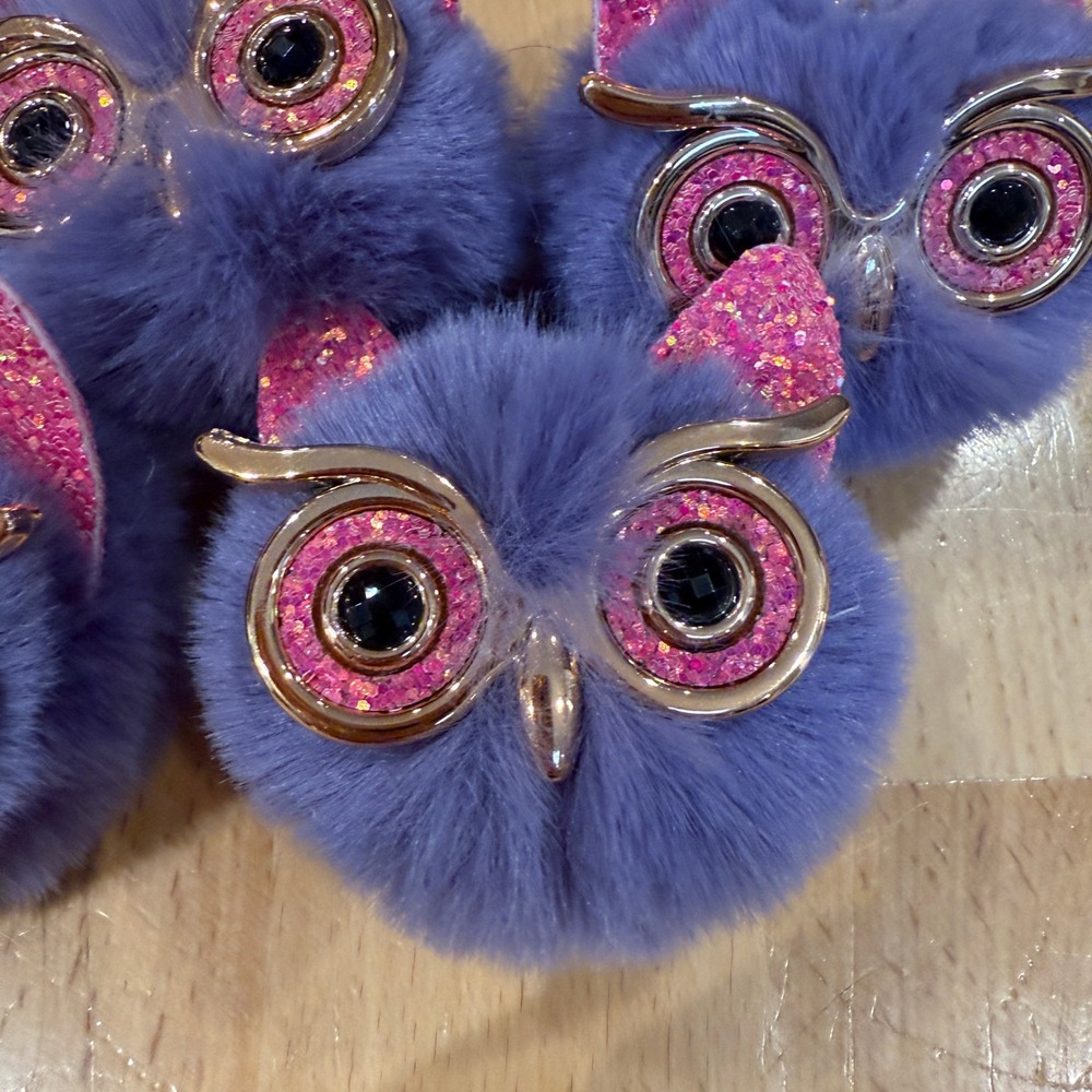 6 Cute Owl Keychain Pom Pom Sparkly Eyes Pink Ears Purple Faux Fur